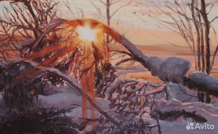 Картина зимний пейзаж закат 40х50