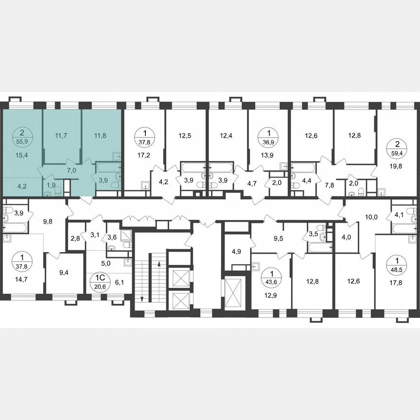 2-к. квартира, 55,9 м², 12/20 эт.