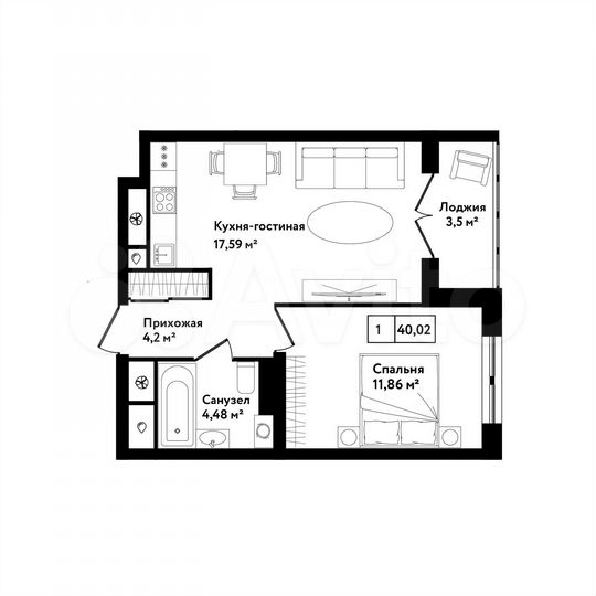 1-к. квартира, 40 м², 3/25 эт.