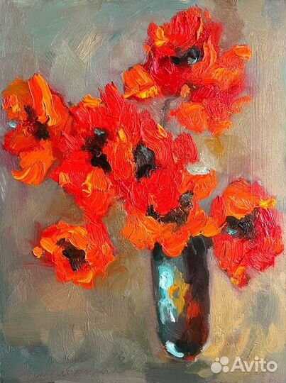 Картина маслом цветы букет красные маки в вазе