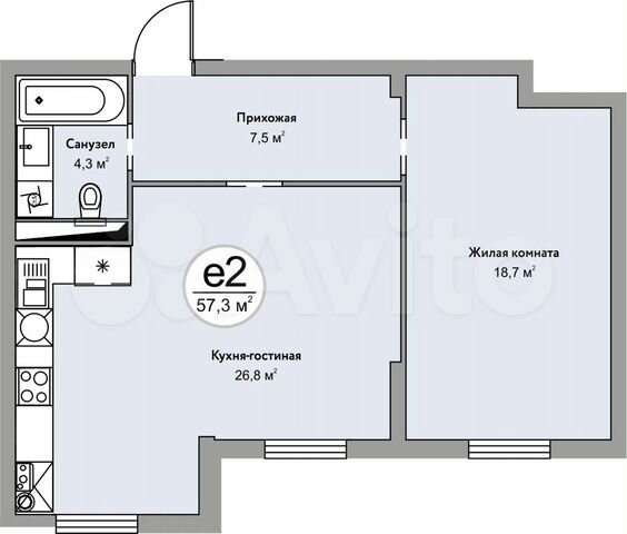 2-к. квартира, 57,3 м², 2/5 эт.