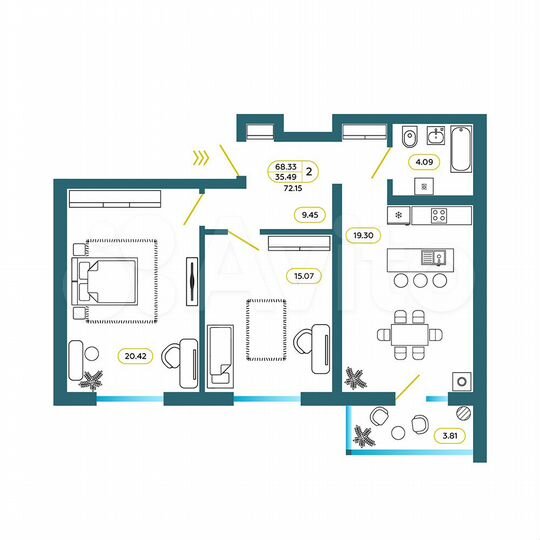 2-к. квартира, 72,2 м², 1/9 эт.