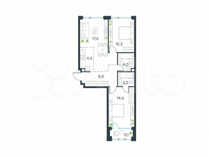 3-к. квартира, 65,6 м², 20/20 эт.