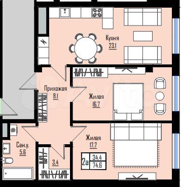 2-к. квартира, 74,6 м², 9/12 эт.