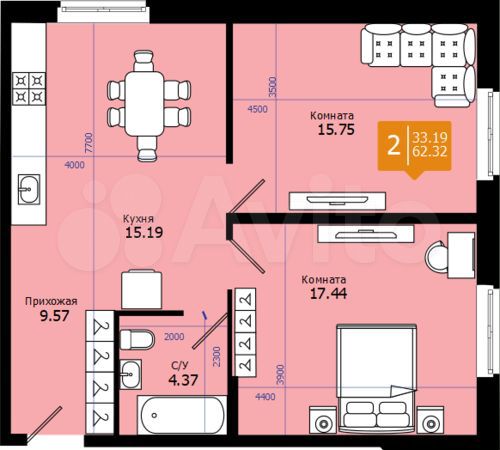 2-к. квартира, 62,3 м², 1/8 эт.