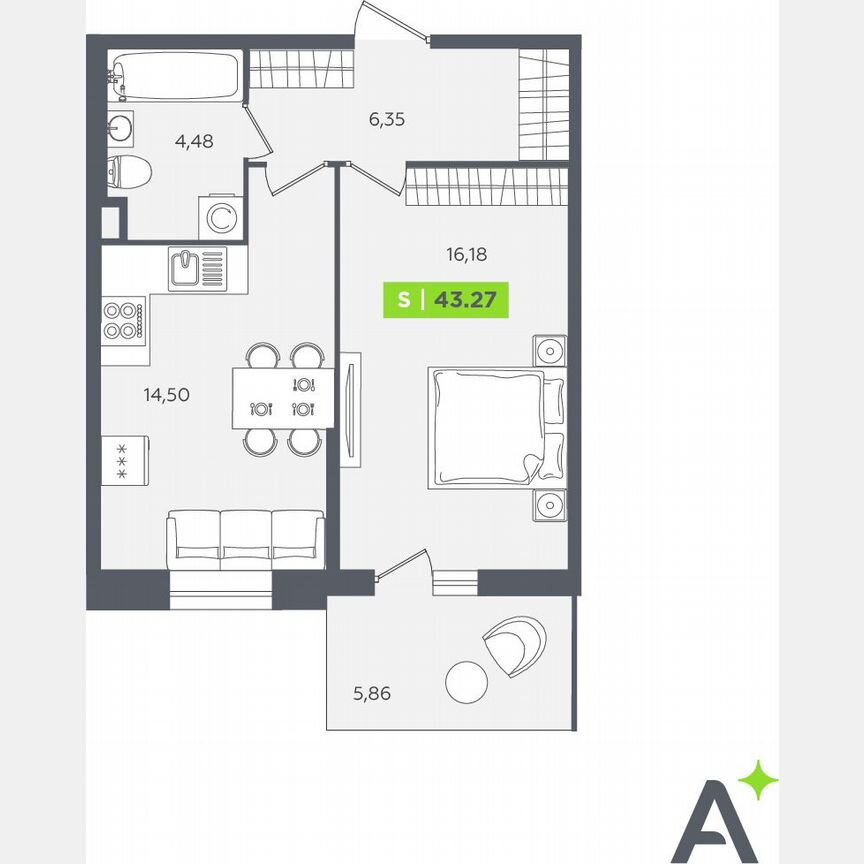 1-к. квартира, 43,3 м², 1/12 эт.