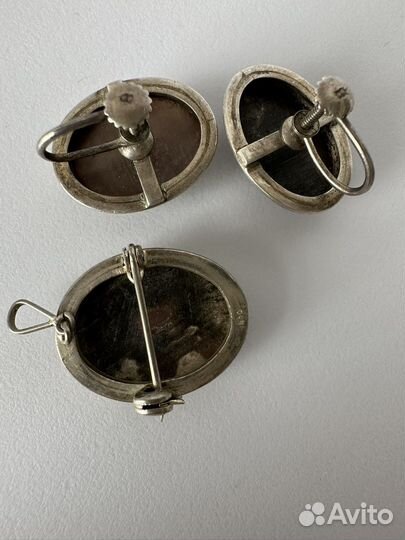 Клипсы и брошь кулон серебро 800 золото камея