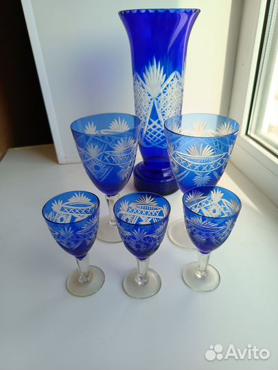 Сервиз цветное стекло кобальт советский