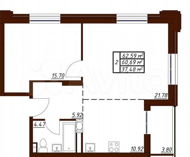 2-к. квартира, 62,6 м², 15/19 эт.