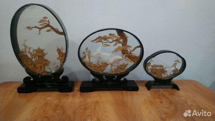 Панно-диорама резьба пробков. дерево. Старый Китай