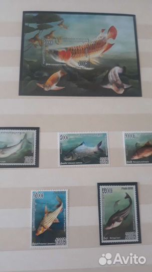 Марки. Камбоджа 2005г. Фауна. Рыбы. 1бл+5м