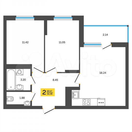 2-к. квартира, 56,4 м², 14/18 эт.