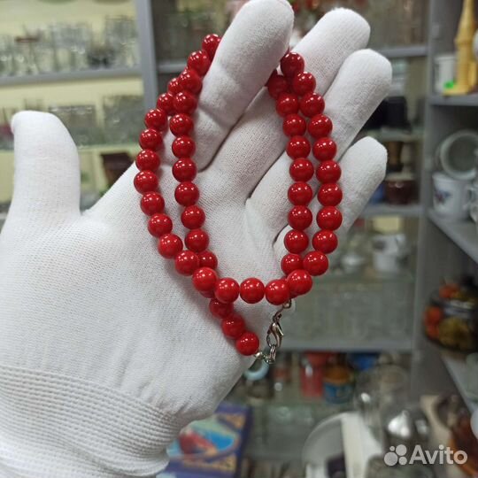 Красные Бусы Ожерелье Прессованный Коралл Винтаж