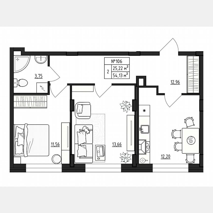 2-к. квартира, 54,1 м², 1/4 эт.