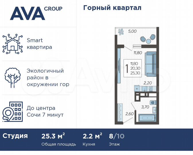 Квартира-студия, 25,3 м², 8/10 эт.