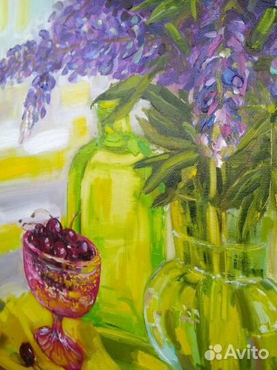 Картина натюрморт маслом Люпины и черешня