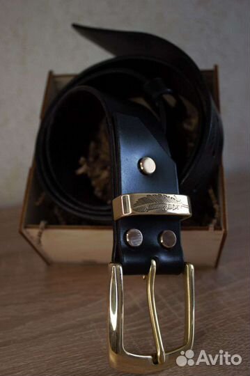 Мужской ремень чёрный кожаный ручной работы