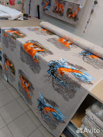 Ткань рогожка Лисы, для полотенец, подарочная