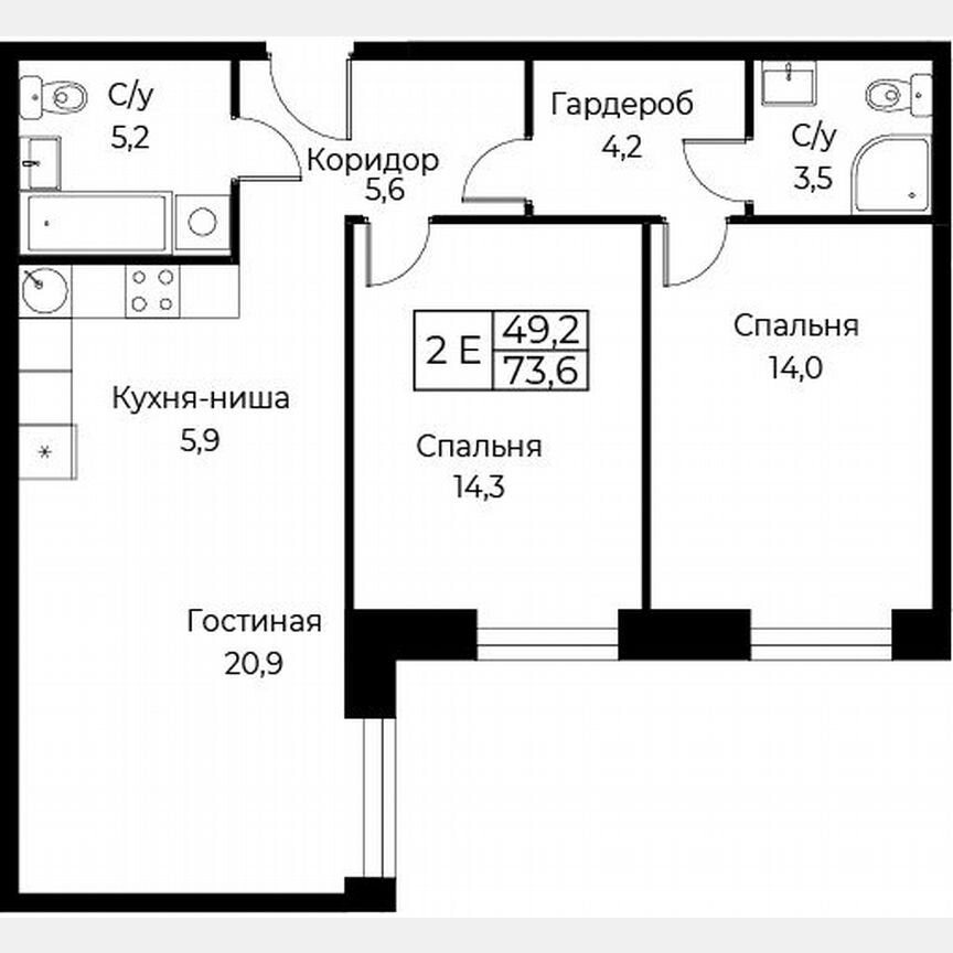 2-к. апартаменты, 73,6 м², 3/30 эт.