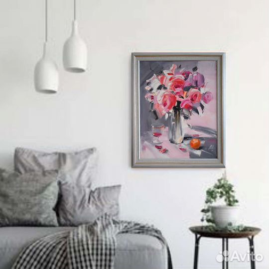 Картина холст масло 48*58 цветы букет натюрморт