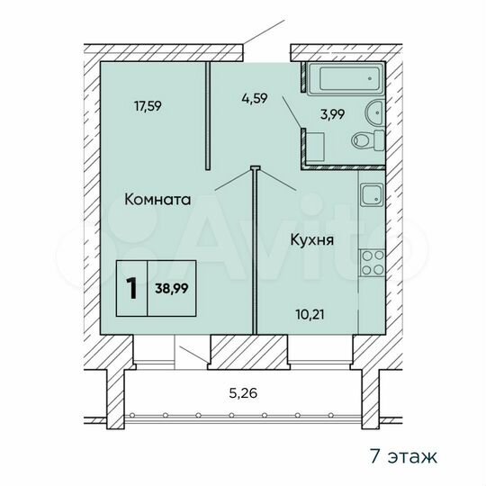 1-к. квартира, 39 м², 7/9 эт.