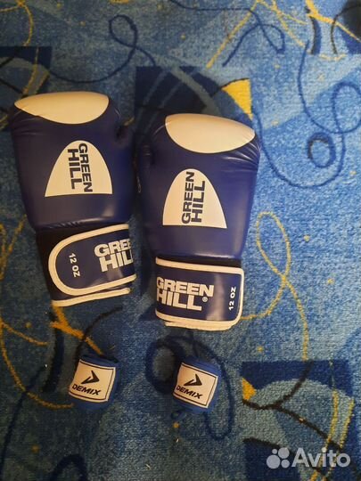 Боксерские перчатки 12 oz green hill, шлем, бинты