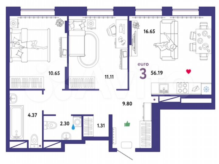 2-к. квартира, 56,2 м², 16/16 эт.