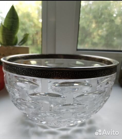 Ваза хрусталь с мельхиоровым ободком СССР
