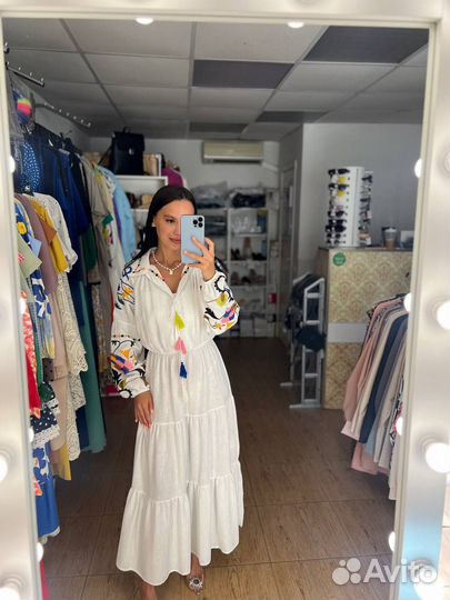 Белое летнее платье хлопок бохо с вышивкой