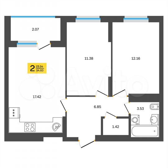 2-к. квартира, 54,8 м², 13/18 эт.