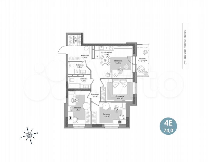 4-к. квартира, 74 м², 20/24 эт.