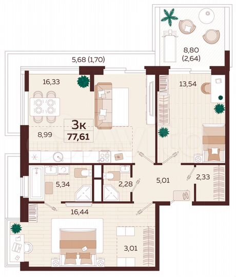 3-к. квартира, 76 м², 6/9 эт.