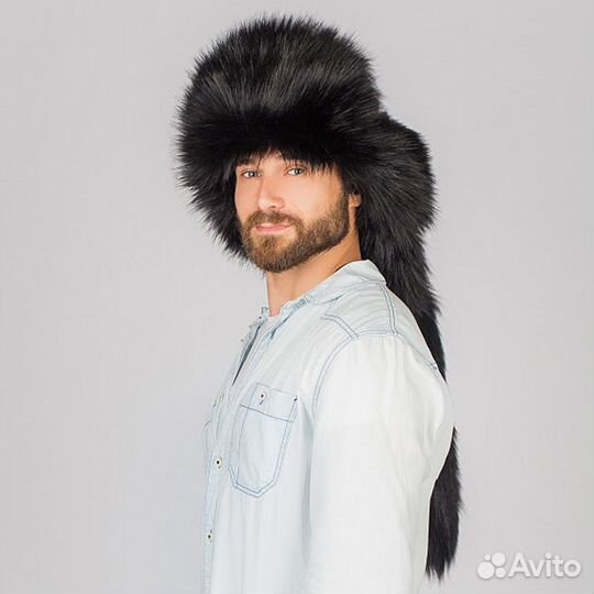 Шапка Малахай Черный волк из экомеха и экокожи