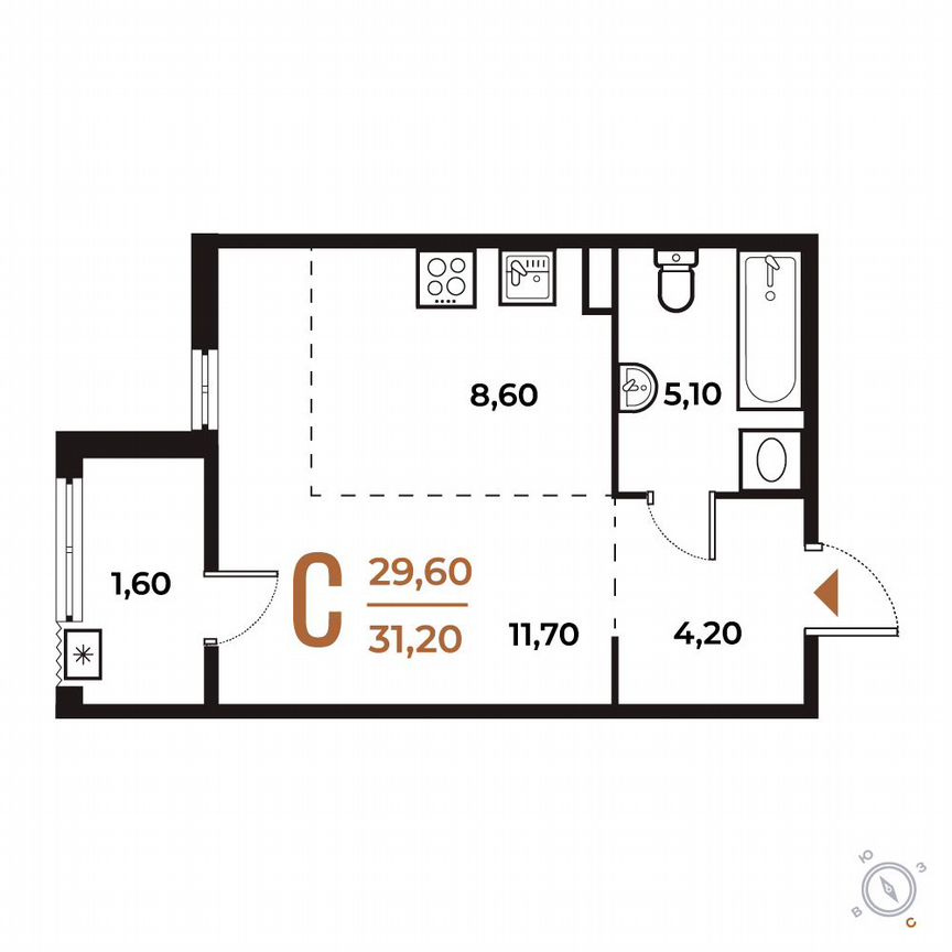 Квартира-студия, 31,2 м², 2/8 эт.