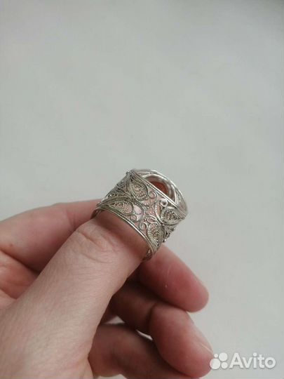 Кольцо серебро 925 скань янтарь желток