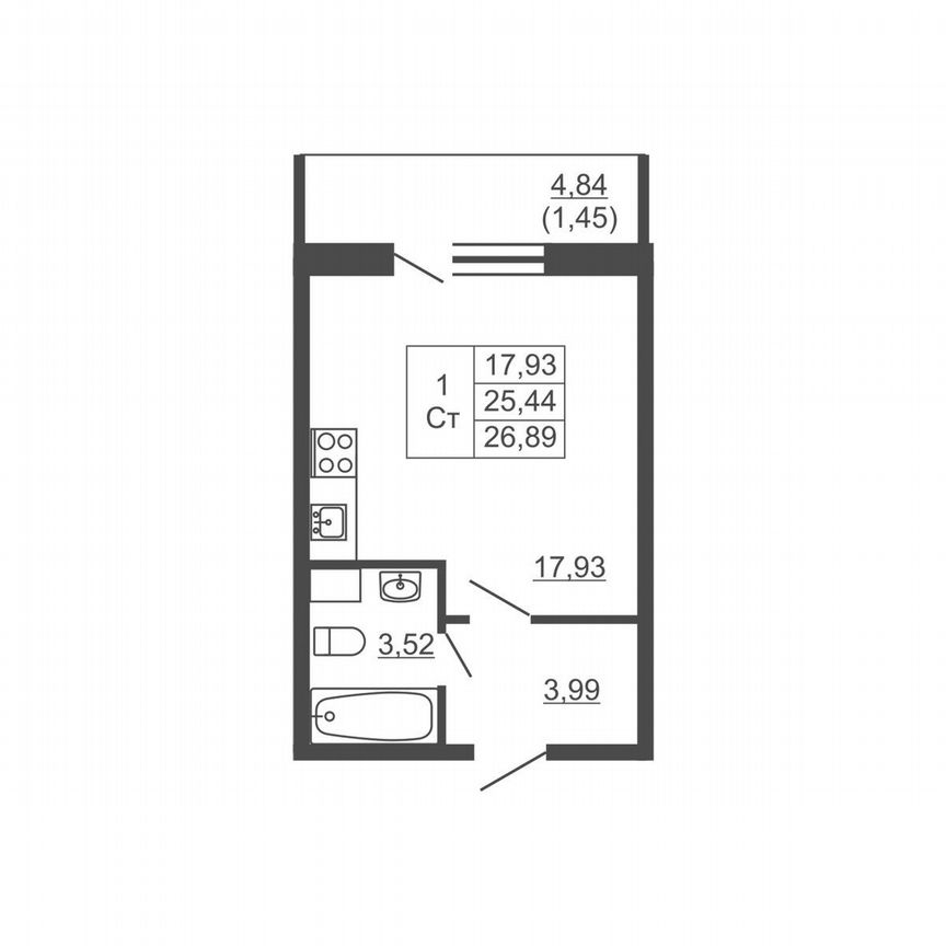 Квартира-студия, 26,9 м², 2/16 эт.