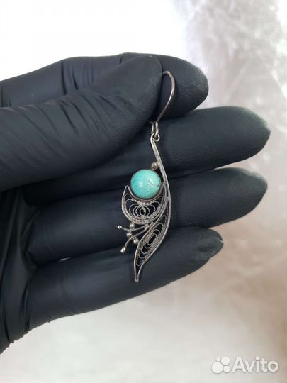 Серебряные серьги СССР 875 пробы с бирюзой