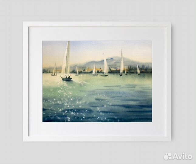 Картина акварель 25х35см Морской пейзаж с лодками