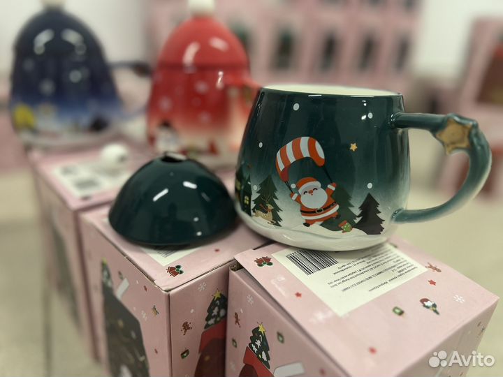 Новогодняя кружка, с крышкой и ложкой