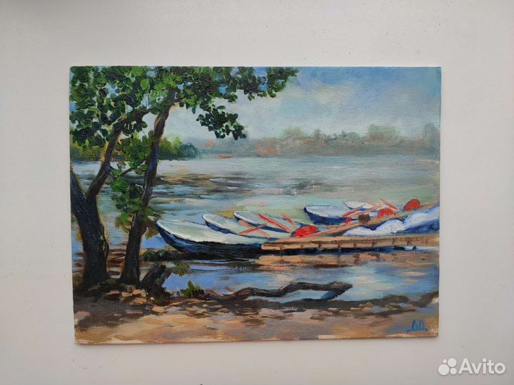 Картина маслом Пейзаж у реки с лодками