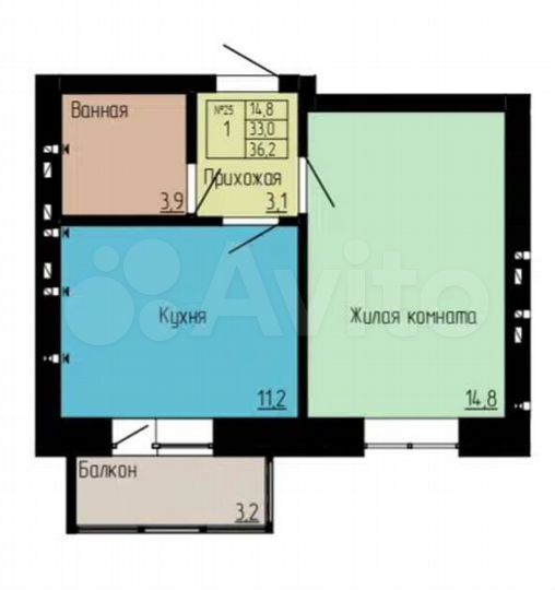 1-к. квартира, 36,2 м², 2/4 эт.