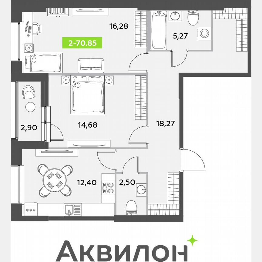 2-к. квартира, 70,9 м², 1/12 эт.