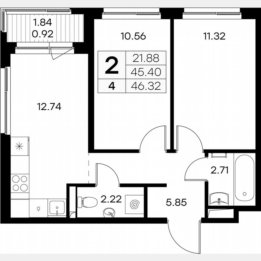 2-к. квартира, 46,3 м², 1/9 эт.