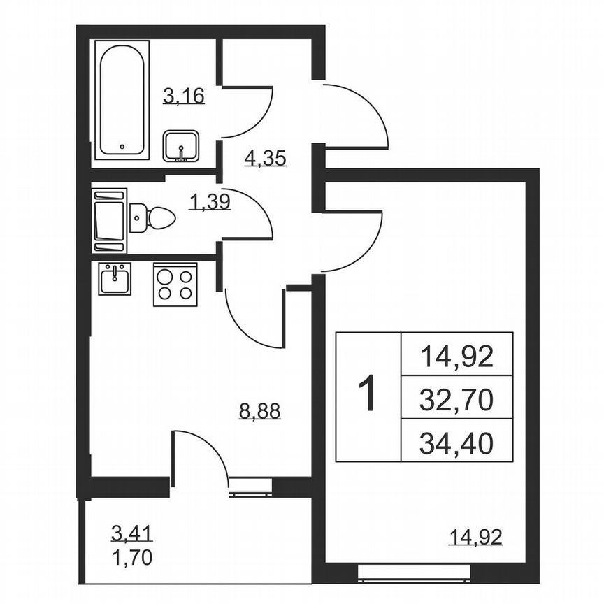 1-к. квартира, 34,4 м², 5/19 эт.