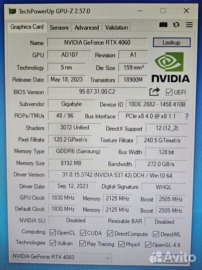 Gigabyte Eagle RTX 4060, 8Gb, идеал/из пк