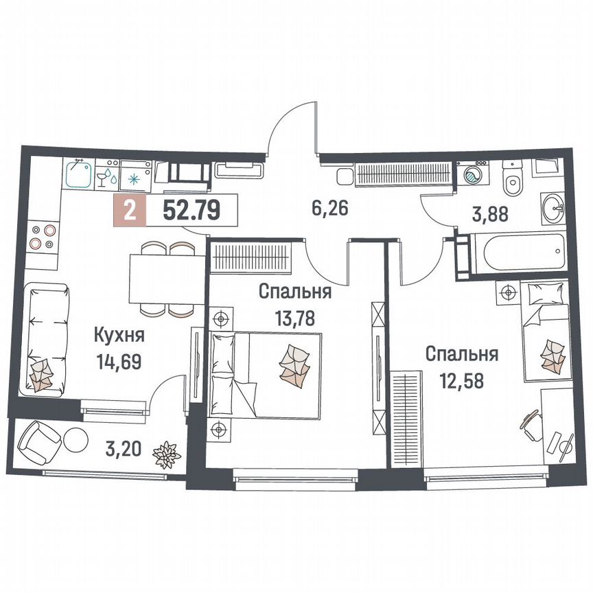 2-к. квартира, 52,8 м², 13/18 эт.