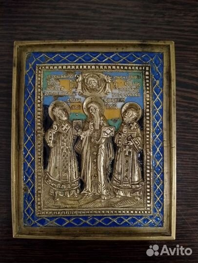 Старинная икона 19 век Три Святителя Беседа