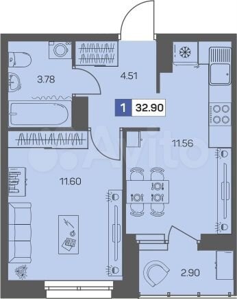 1-к. квартира, 32,9 м², 4/8 эт.