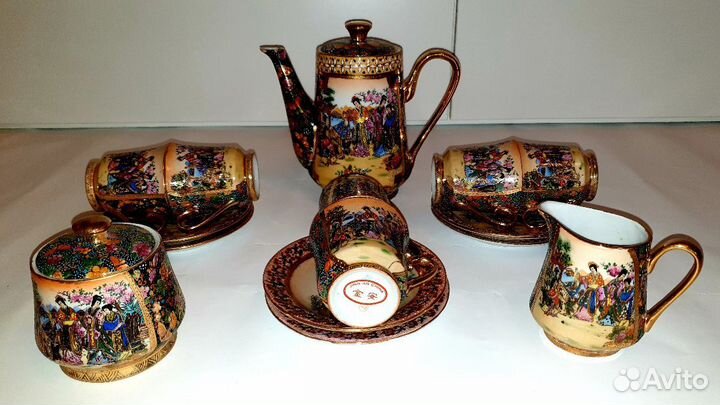 Антикварный кофейный сервиз ручная роспись