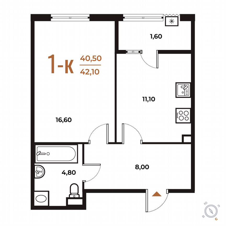 1-к. квартира, 42,1 м², 2/8 эт.